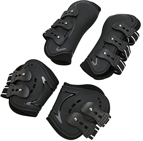 Pferdegamaschen, Pferdegamaschen 4er-Set, Pferdegamaschen für die Vorder- und Hinterbeine, Stoßdämpfung, atmungsaktiv, vorne offen, PU-Schale, Pferdesehnengamaschen für Springreiten