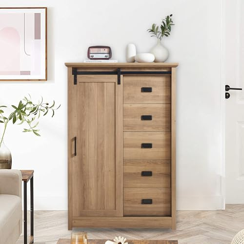 Plturdke Modern Farmhouse Dresser with Sliding Barn Door & Adjustable Shelves, 5-Drawer Storage Cabinet Organizer Chest for Bedroom, Living Room, Kitchen, Bathroom, Bar (Oak)