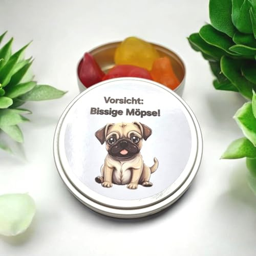 Vorsicht: Bissige Möpse aus der Dose Scherzarktikel, Lustige Geschenkidee, Party-Brüller, Spaßgeschenk, Halloween, Geburtstagsgeschenk- Weingummi Brüste Möpse