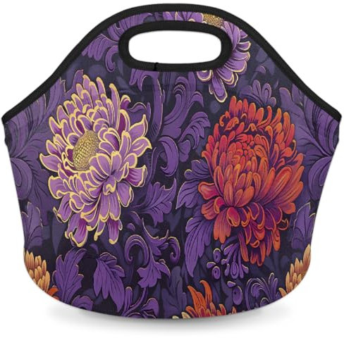 Bolsa de almuerzo de neopreno de crisantemo morado, bolsa de almuerzo aislada de crisantemo morado, suave, plegable, lavable, reutilizable