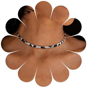 Inilbran Boho Leder Choker Vintage Leopard Druck Halskette Braun Tierdruck Einstellbar Dünne Leder Halsband Schmuck Für Frauen (45 cm)