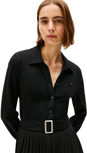 Tommy Hilfiger Donna Abito a Polo Interlock Mix Media con Cintura in Vita, Nero (Black), XS
