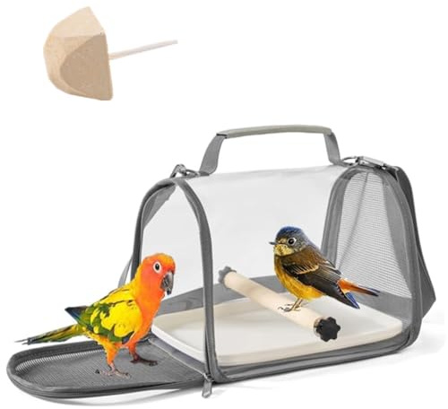 Borsa per uccelli,borsa da viaggio,completamente trasparente,19,5*26*19cm,portauccelli portatile con vassoio in plastica,palo di legno,traspirante per animali domestici,1 molari da pietra (grigio.)
