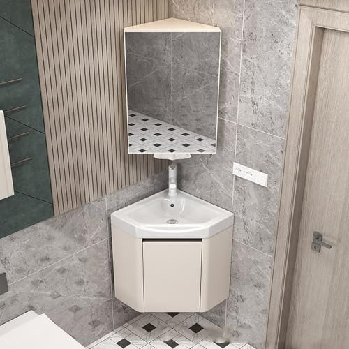 Eckwaschbecken mit Unterschrank Aus Aluminium, Geräuschloses Scharnier, Wandmontiertes Keramikwaschbecken mit Spiegelschrank für Kleine Räume(38cm)