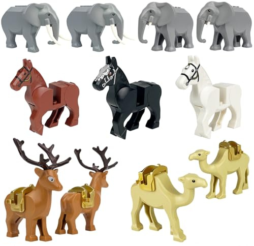 DrmBeyd 11 Stück Tier Minifiguren Bausteine Set, Dschungel Zoo Tierbaustein Bausatz with 4 Elefant, 2 Elch, 2 Kamel, 3 Pferd, DIY Tier Figuren Bausteine Modell, Kompatibel mit L***