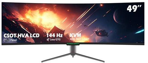 TITAN ARMY Moniteur de jeu incurvé de 49 pouces, 144 Hz, panneau CSOT HVA 38401080, écran incurvé surdimensionné 32:9, 1 ms, 127 % sRGB, Adaptive-Sync, Low Blue Light, VESA, pour jeux FPS MOBA RAC RTS