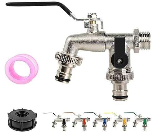 Universal Edelstahl Doppelauslass Garten Wasser Wasserhahn, Wasserhahnventil im Freien mit Doppelauslass, Schlauchsplitter 2-Wege-Hochleistungs-Außenhahn-Kit für Waschmaschinen und Garten (Schwarz)