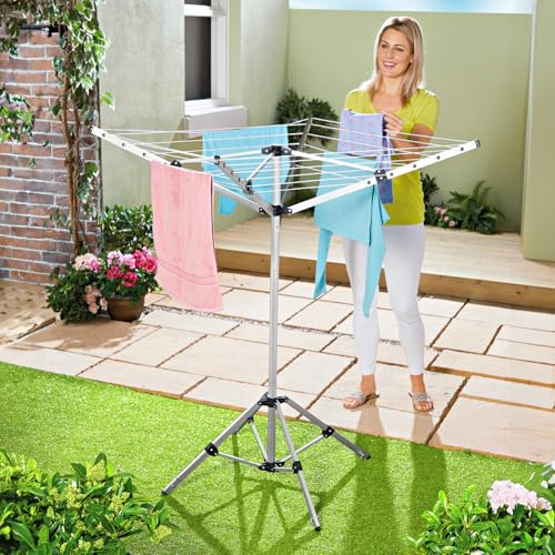 Clarsen® Wäschespinne „Raumwunder“ - Klappbarer Wäscheständer – ideal für drinnen & draußen – leicht + platzsparend – Öffnung auf Knopfdruck – 16m Leine – perfekt für kleine Menschen & Senioren