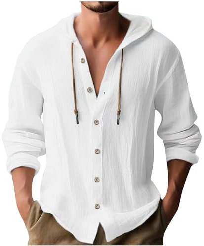 Sweatjacke Herren Hoodie Leinen Baumwolle Langarmshirt mit Kapuze Sweatshirt Lässige Button Pullover Freizeit Einfarbige Kapuzenjacke mit Tasche Kapuzenshirt Sale Weiß L