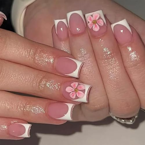 Faux Ongles à Presser – 24 pièces, Faux Ongles Carrés French Blanche à Fleurs 3D en Relief, avec Pastilles Adhésives, Lime à Ongles et Bâtonnet en Bois, Kit de Manucure DIY