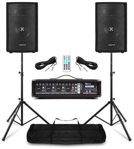VONYX Pack Sono Complet Max Music/Power Dynamics 2 Enceintes 8″ 800 W + Mixer-Ampli 4 Canaux + Pieds & Câbles - Système Audio Pro pour DJ, Groupe, Bar, Répétition