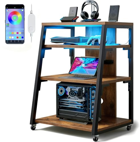 HIFI Stand Record Player Stand,4-Tier AV Media Tower With RGB LED Lights&Outlets,HiFi Rack With Adjustable Shelves&Hooks&Wheels,Industrial TV Stand,Printer,Media Audio Tower Cabinet,Load Capacity 50KG