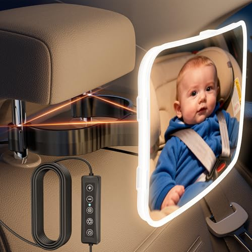 TAZENI Baby Car Mirror - LED Light Baby Car Seat Mirror for Rear Facing with 175° Wide Clear View Anti-Glare, 360° Rotation, Shatterproof, Crash Tested, Safety & Easy Install, espejo para carro bebe