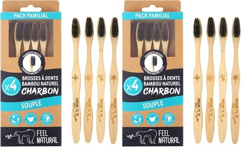Brosse à Dent Bambou Naturel Charbon - Pack Familial 4 Brosses à Dents Souples pour Enfant et Adulte - Soin Dentaire, Lave les Dents en Profondeur, Poil en Huile de Ricin, Facile à Prendre en Main