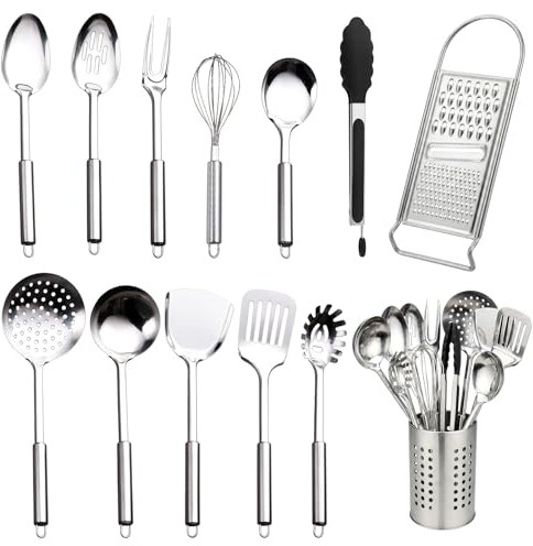 13 Pcs Stainless Steel Kitchen Utensils Set with Holder, Heat-Resistant Nonstick Cooking Utensil Set, Dishwasher Safe & Mirror Polished for Chef