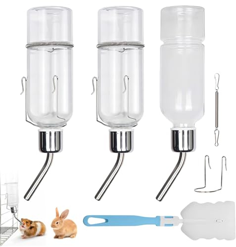 3 PCS 350ml Rabbit Water Bottle, Transparent Hanging Water Dispenser Bottles Non Drip with Holder and Cleaning Brush for Guinea Pig Hamster Chinchillas Pet