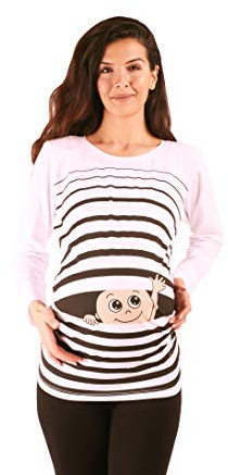 M.M.C. Mammaskjorta långärmad dam med vink-motiv – mammamode t-shirt för graviditeten, rynkfri som växer med 95 % bomull, S till XL, Vit, S