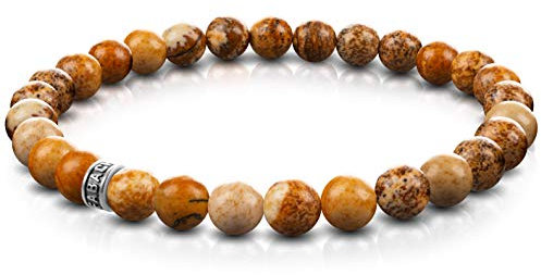 FABACH Jaspis Perlenarmband mit 6mm Edelstein-Perlen und 925 Sterling Silber Logo-Perle - Edles Naturstein Stretch-Armband für Damen (Braun-Gelb)