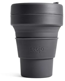 STOJO On-The-Go Collapsible Coffee Cup - 12oz / 355ml - Reusable & Foldable Silicone Travel Mug with Lid - Portable, Pocket Size - Dishwasher Safe - Carbon