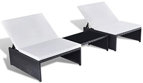 yorten Polyrattan Lounge Set 1 Kaffeetisch 2 x Liegen und 2 Abnehmbare Kissen Zweisitzer Loungemöbel Loungeset StahlRahmen Schwarz