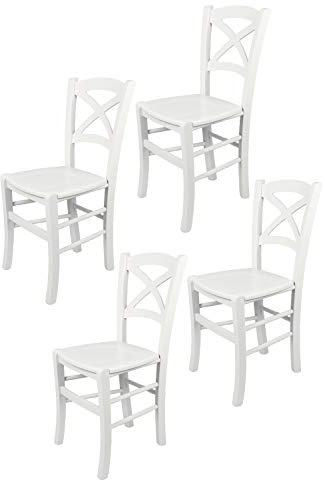 t m c s Tommychairs - 4er Set Stühle Cross für Küche und Esszimmer, robuste Struktur aus lackiertem Buchenholz im Farbton Weiss und Sitzfläche aus lackiertem Holz in der Farbe Weiss