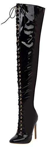 MISSUIT Damen Spitze High Heels Overkneestiefel Lack Stiletto Overknee Boots Schnürung Reißverschluss