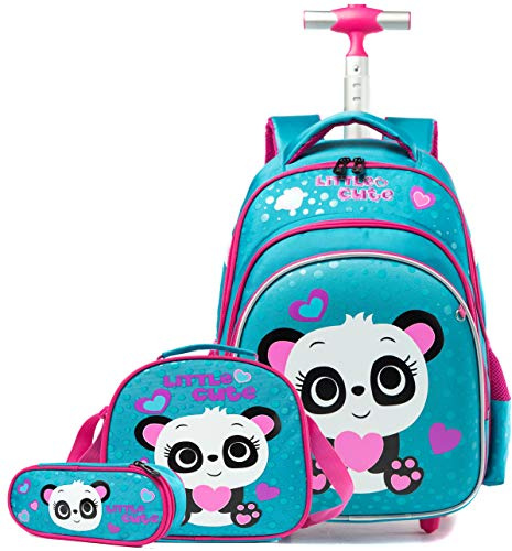 HTgroce Mochilas con Carrito Escolares Niña,Estilo Princesa Lindo Panda Estudiantes de Primaria Carros para Mochilas Bolsa de Almuerzo Estuche Escolares Equipaje de Viaje Multifuncional.