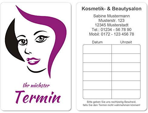 500 Terminkarten bedruckt mit Ihrer Adresse für Kosmetik Beauty Friseur - Kein Stempel notwendig - Inkl. Kartenspender