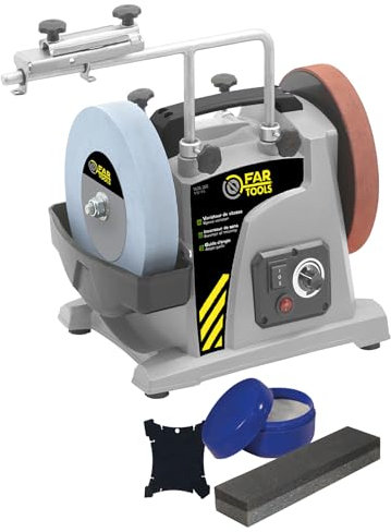 Fartools Affûteur à eau 120W Ø200mm Vitesse variable 30à150tr/min, inverseur de sens, couple réglable, poignée de transport, livré avec pate à graisser, pierre à polir et rapporteur d'angles