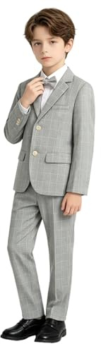 LOLANTA 3-teiliges Jungen Plaid Anzug Set, Eleganter Blazer für Hochzeits-Abschlussball, Formelle Kleidung Jacken-Hose-Fliege Set