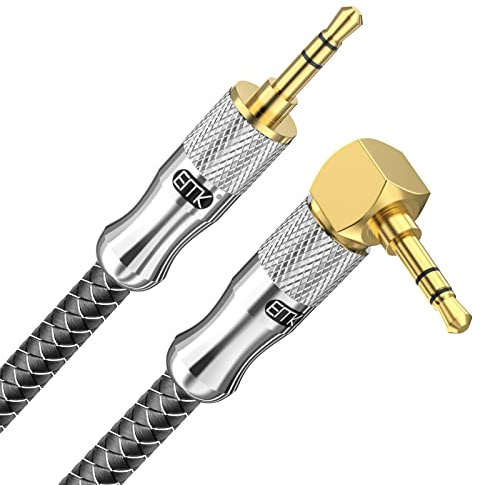 EMK Right Angle Aux Cord, 90 Degree 3.5mm Audio Cable Stereo Male to Male Aux Cable for Laptop, Tablets, MP3 Players,Car/Home Aux Stereo, Speaker or More (3.5mm TRS Right Angle Silver, 1M)