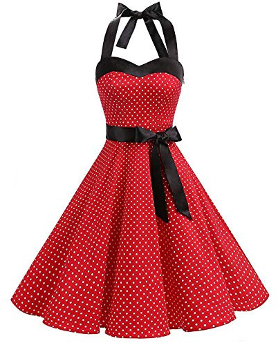 Women 1950s Dresses Vintage Rockabilly Halter Neck Polka Dot Floral Summer Swing A Line Midi Dress Cocktail Party Evening Prom Gown