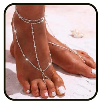 Ursumy Beads - Tobillera plateada con cadena para pies descalzos y playa, joyería para mujer (2 unidades), Free Size, aleación, Sin piedra preciosa