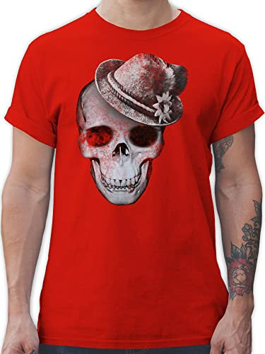 T-Shirt Herren - Kompatibel Oktoberfest - Totenkopf mit Filzhut - 5XL - Rot - trachtenshirt bayrische Trachtenmode t Shirt Octoberfest Skull Tshirt oktoberfestkleidung Oktoberfest-t-Shirt