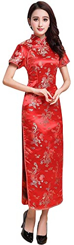 Women Cheongsam Long Dress Evening Short Sleeve Slim Fit Maxi Dress Floral Faux Silk Stand Collar Bodycon Qipao (as1, Alpha, x_l, Regular, Regular, Red Dragon)