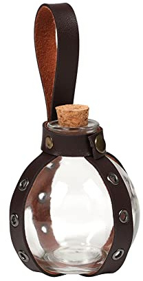 Jiumaocleu Hexe Kork Trank Flasche, Runde Kugel Glasflasche mit Kork und PU Leder Flaschenabdeckung, Mittelalter Ritter Cosplay Kostüm Zubehör für Erwachsene Halloween Party Bühne