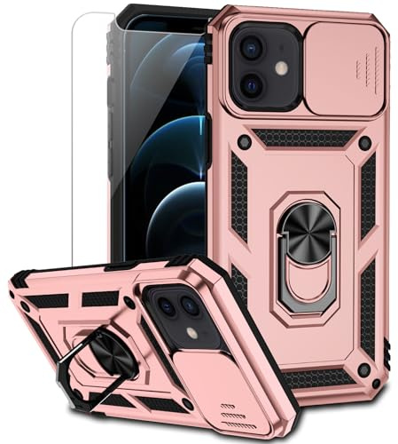 iPhone 12 Mini Case with Camera Lens Cover, Screen Protector, Dual Layer Military Grade Drop Protection, Magnetic Ring Holder, Kickstand Protective Case for iPhone 12 Mini 5.4 inch (13.7 inch)