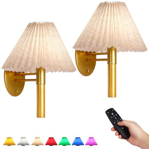 Semlos Set of 2 Rechargeable Battery Operated Wall Sconces with Remote Control, Elegant Gold Fabric Shade Non-Hardwired Indoor Lighting for Bedroom & Living Room