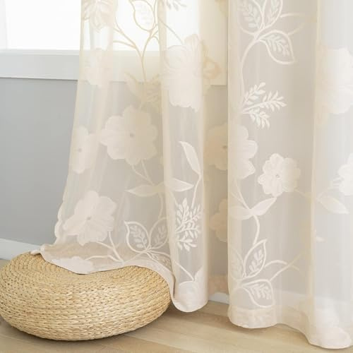 Treatmentex Cortinas de Encaje Beige Florales con Ojales, 140Anx175Al cm