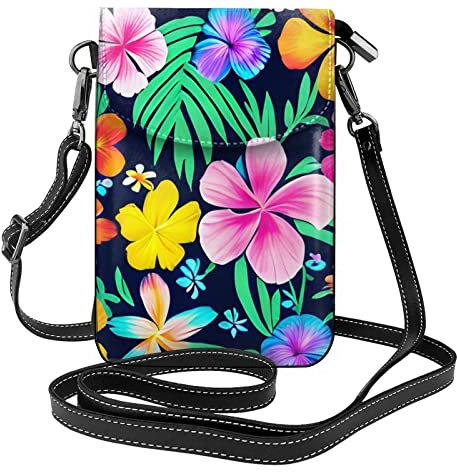 yefan Bunte Blumen Damen Umhängetasche & Handy-Geldbörse mit Reißverschluss, niedliche Geldbörse, Schultertasche, abnehmbarer Schultergurt, Schwarz , Einheitsgröße