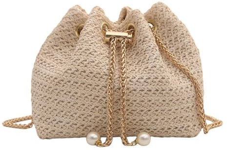 TOFBS Strandtasche Damen Häkeltasche den Sommer Stroh Clutch mit Kette Crossbody Tasche Vintage Boho Stil Umhängetasche für Strand Urlaub Reisen (Beige)