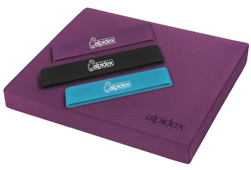 ALPIDEX Balance Pad 40x34x5 cm Balancekissen Violett inkl. 3 Fitnessbänder Stabilität Koordination Verbessertes Gleichgewicht Kissen Rutschfest Wackelkissen Balancegerät Gleichgewichtstrainer