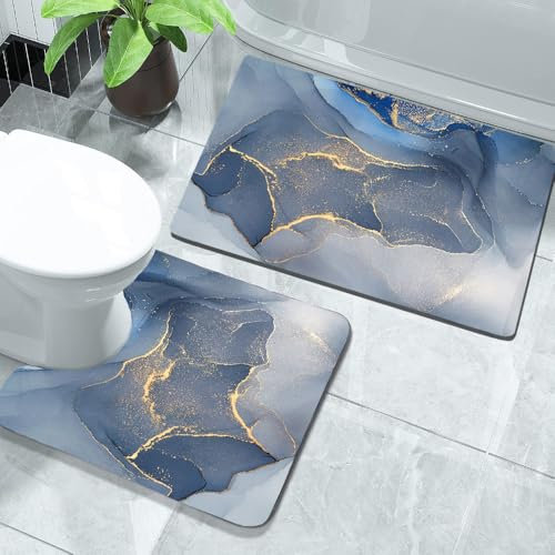 Blue stone bathroom mat 2 Piece Sets Non-slip bath mats, absorbent bathroom mat with quick water absorption and rubber backing, door mat Blue marble floor mat, washable shower mat +Toilet contour mat