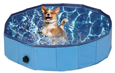 Relaxdays Hundpool, H x Ø: 20 x 80 cm, vikbar med dräneringslock, hundbadkar, PVC och MDF, poolmatta, låg pool, trädgård, blå