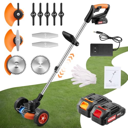 DKIEI 3-In-1 Cordless Strimmer, Garden Electric Grass Strimmer With Removable Wheels, Metal Blade & 2 * 24V Battery Weed Trimmer For Yard, Lightweight 3KG Garden Tools Adjustable Height Lawn Mowers
