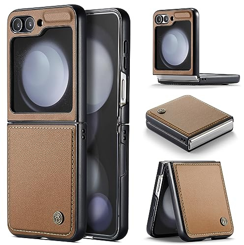 Rerzoiro Funda para Samsung Galaxy Z Flip 5, Funda Cuero PU PC Dura, Textura de Moda Delgada, Anticaída, Resistente a los Golpes Carcasa Antihuellas, Case para Samsung Z Flip5, Marrón
