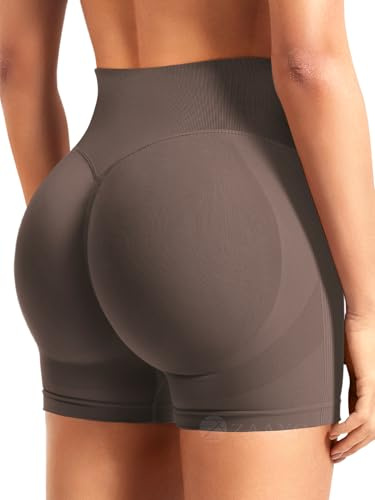 ZAAYO Träningsshorts för kvinnor, 9,1 cm (3,6 tum), scrunch-shorts, sömlös booty, hög midja, rumplyft, gym-, yoga- och bikershorts, Chokladbrun, S