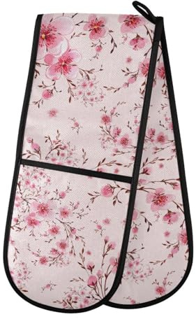 Oven Gloves Double Oven Gloves Pink Cherry Blossom Flowers Oven Mitts Pot Holder Heat Resistant Quilted for BBQ Baking Kitchen Cooking Gloves