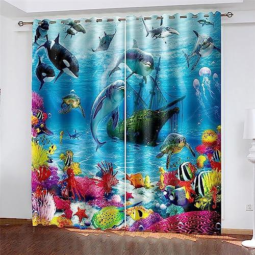 Marine Animal Landscape Blackout Curtains 3D Thermo Insulating Window Drapes Polyester Material Pencil Pleat Design Ideal for Bedroom