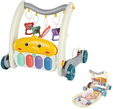 OHMG Baby Spielgerät, 4 in 1 Baby-Lauflernhilfe Aktivitätsmatte mit Play Piano Musikalische Lichter, Einstein Spielmatte Rassel Beißspielzeug Bestes Geschenk für Kleinkinder 0 bis 3 6 9 12 Monate